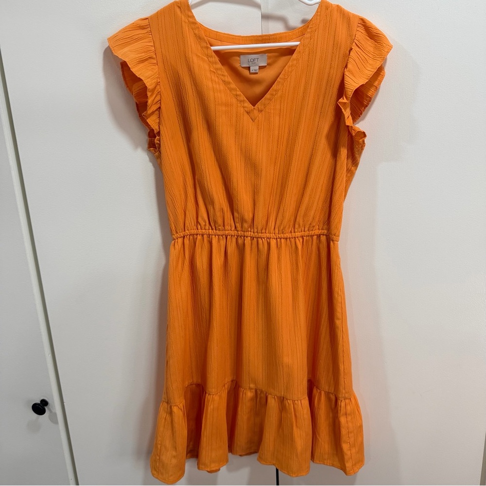 LOFT Women’s Dress with Ruffle Sleeves in Tangerine Orange